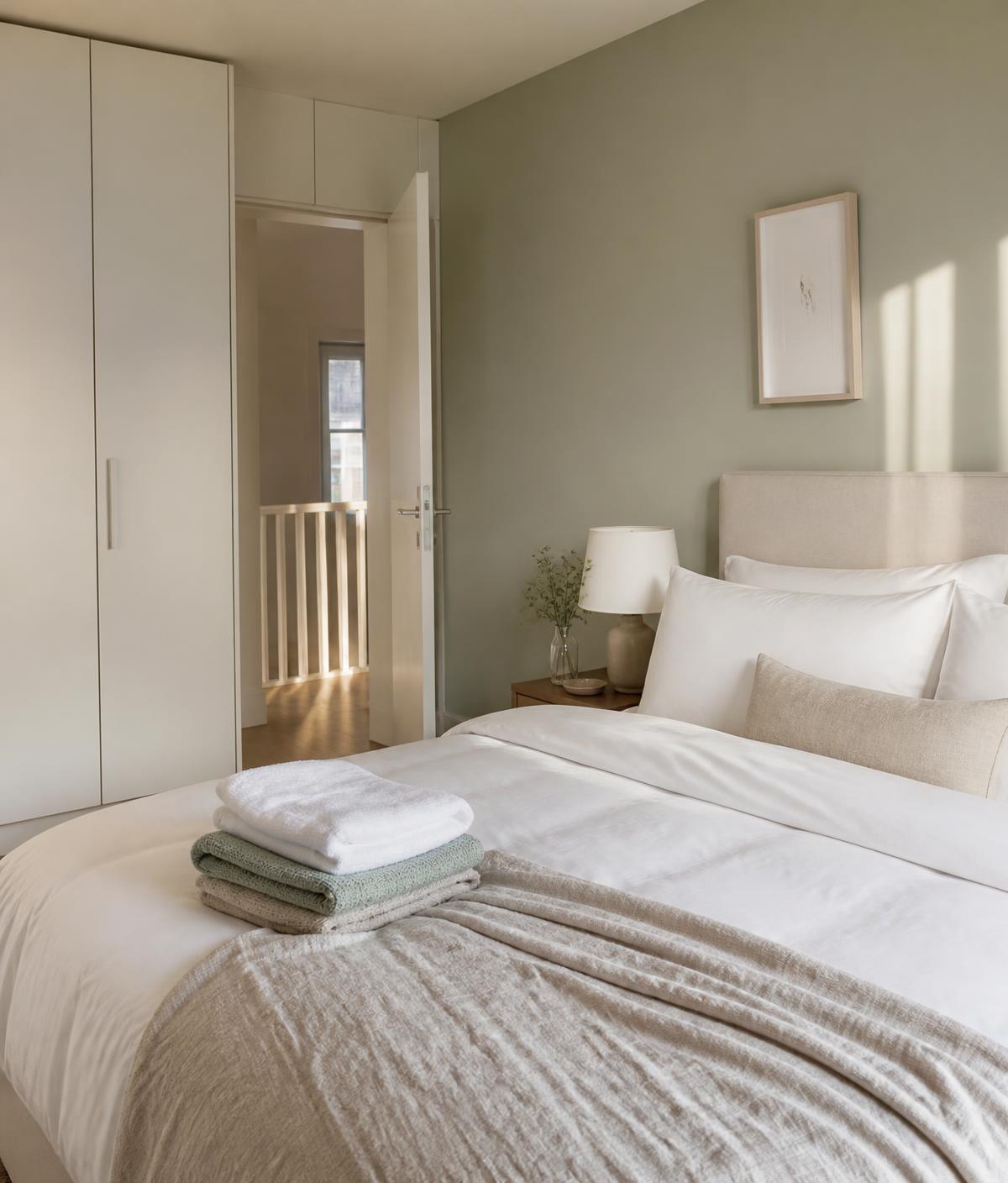 Frisch bezogenes Bett mit weisser Bettwäsche in einem eleganten Schlafzimmer