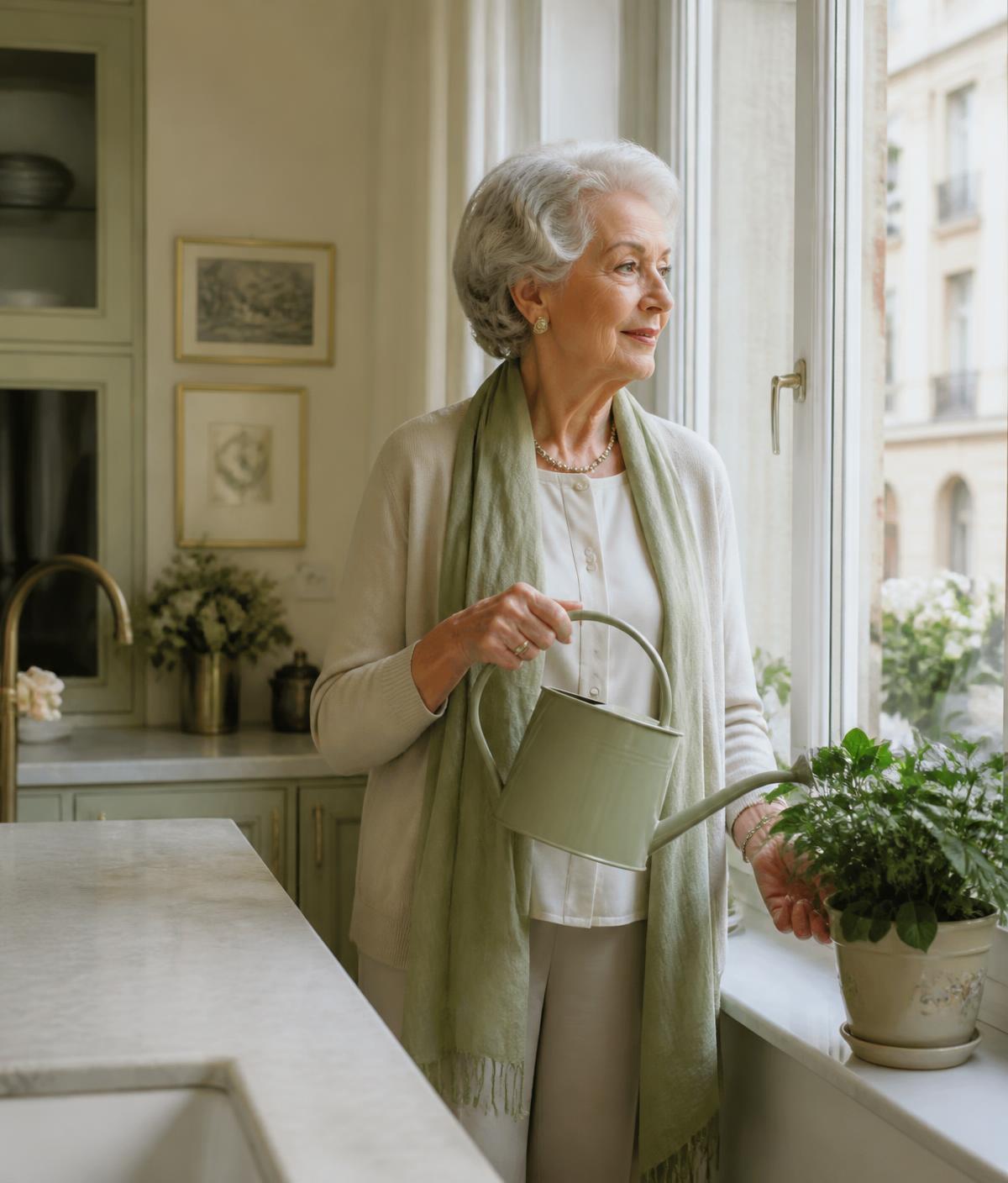 Elegante Dame giesst Kräuter am Küchenfenster in ihrer eigenen Wohnung